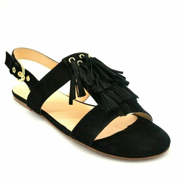 C Wonder Womens Jessica Fringed Sandal Sz 6.5M Black Suede Buckle Back Strap NEW - Picture 1 of 6